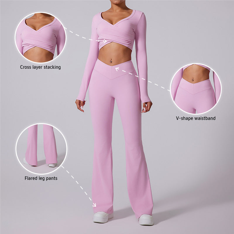 cross long sleeve sports crop top + Flared Leg pants 2-piece set