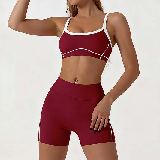 Wholesale color-blocked sports bra + high-elasticity shorts