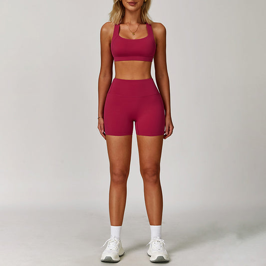 Cross Back Sports Bra + Shorts de cintura alta