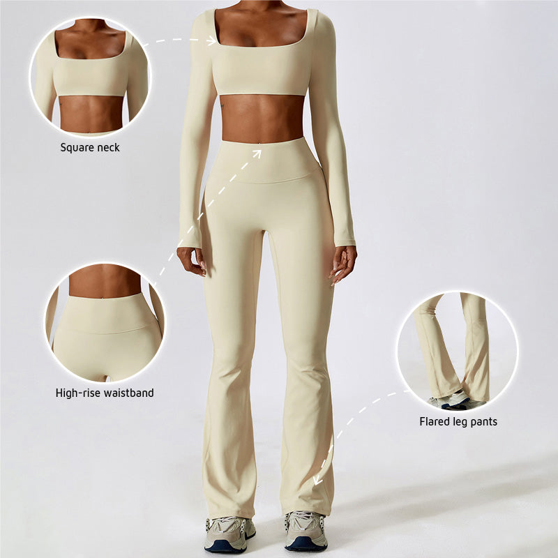 Solid color yoga fitness long sleeve + flared leg pants two-piece set