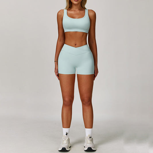 Tiras largas esportes sutiã + shorts de cintura alta Conjunto de 2 peças