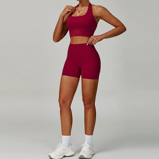 Halter Sports Bra + Shorts de cintura alta Conjunto de 2 peças