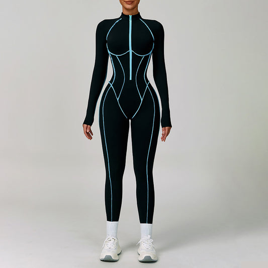 Color blocked long sleeve and half zipper jumpsuits