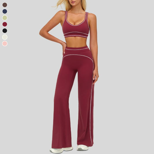 Contrasting bra with removable bra pads+High-waisted wide-leg pants 2-piece set