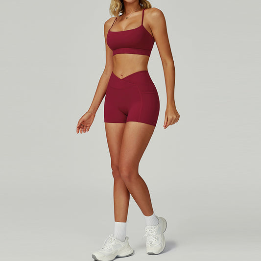 Tiras finas esportes sutiã + shorts de cintura alta