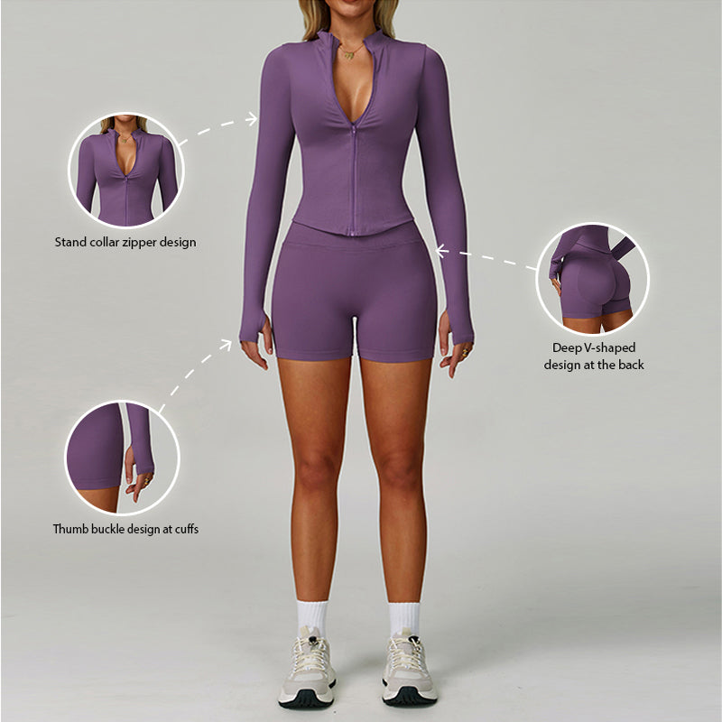 Long Sleeve Full Zipper Jacket + High-waisted shorts 2-piece Set