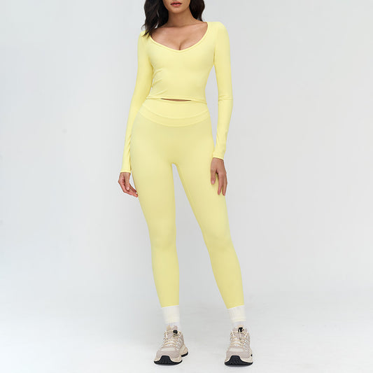 V-neck slim-fit long-sleeved top + High waist leggings 2-piece set