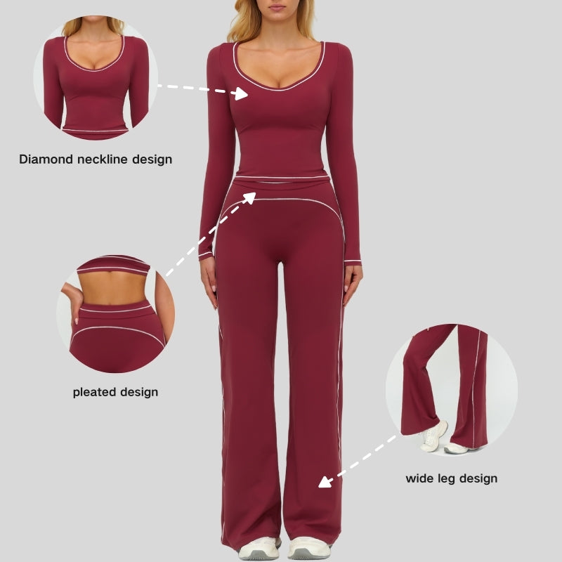 Color-blocked long-sleeved sports top+ High-waisted wide-leg pants 2-piece set