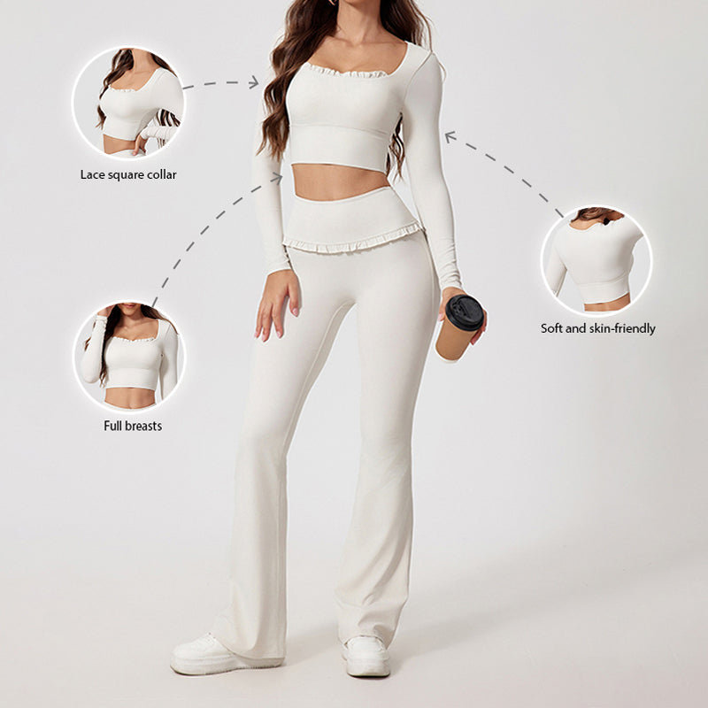 Square Neck Long Sleeves + High-Waisted Flared Pants 2-Piece Set