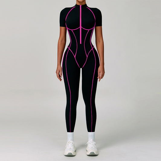 Couleur bloquée à manches courtes et à demi-fermeture à glissière