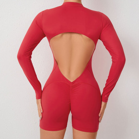 backless half zipper long sleeve yoga shorts jumpsuit