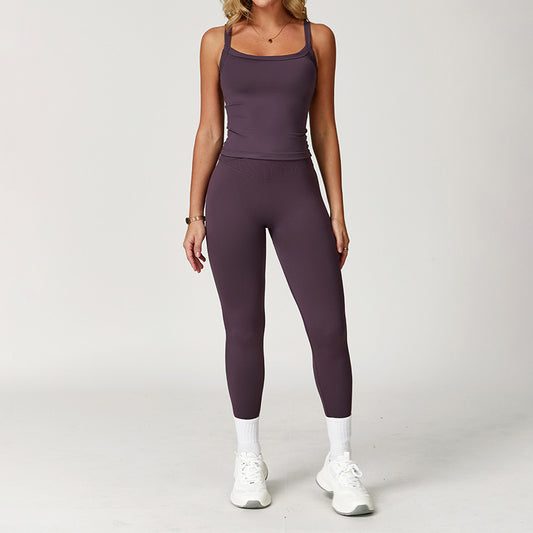 Gebürstete dünne Gurte Yoga-Tanktop + Hoch taillierte 2-teilige Legging-Set
