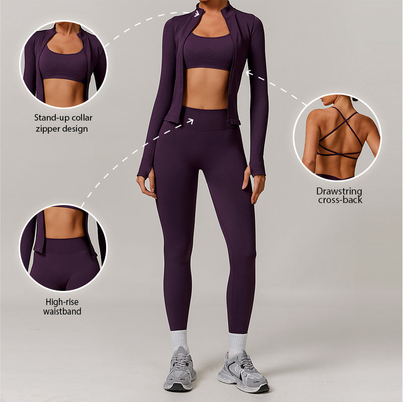 Seamless yoga bra + Full Zipper jackets + high waist leggings 3-piece set