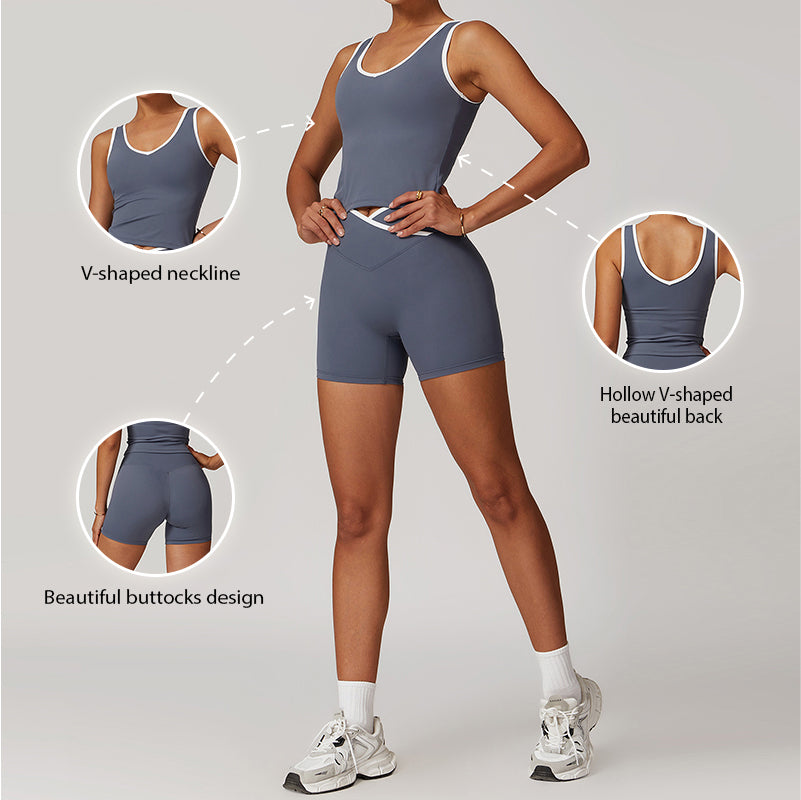 Contrasted color Yoga Tank Top & High-waisted shorts 2-piece Set