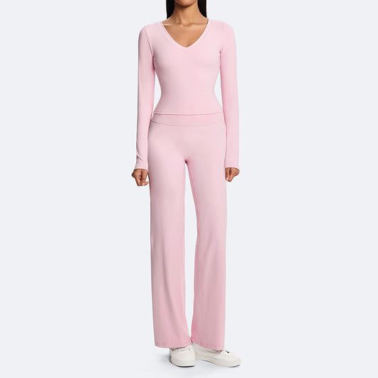 V-neck long-sleeved top + straight-leg pants 2-piece set