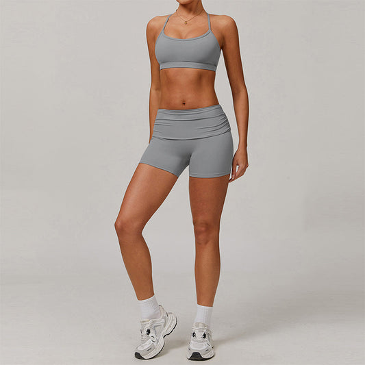 Cross Back and thin straps sports bras + High-waisted shorts 2-piece set