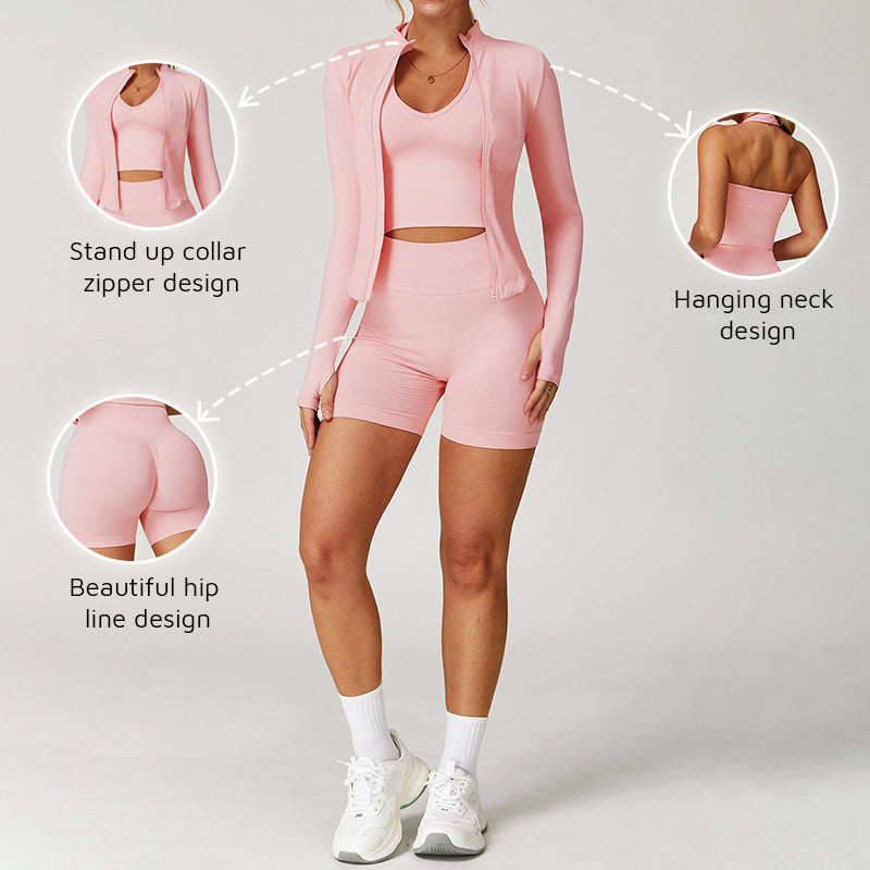 Seamless Yoga Bra + Shorts + Long Sleeve Full Zipper Jacket 3-piece Set
