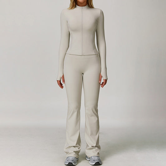 Camina de fitness de la cremallera de manga larga + pantalones de piernas acampanadas juego de 2 piezas