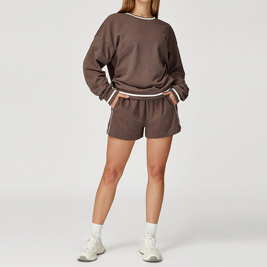 Contrasting Color long sleeve Sweatshirt + loose shorts 2 pieces set