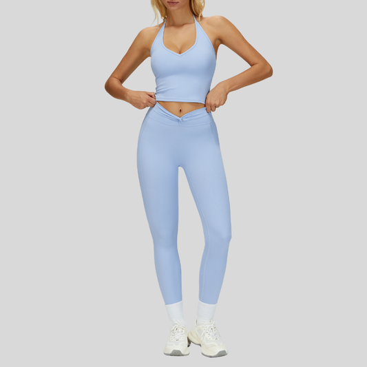 Removable Bra Pad Tank top+Pleated waistband sport leggings 2-piece set