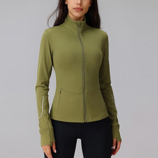 Collar de soporte con cremallera completa chaqueta deportiva reflectante de manga larga