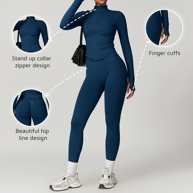 Seamless Long Sleeve Full Zipper Jacket + leggings 2-piece Set