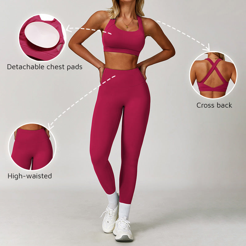 cross back Sports Bra + High-waisted leggings 2-Piece Set