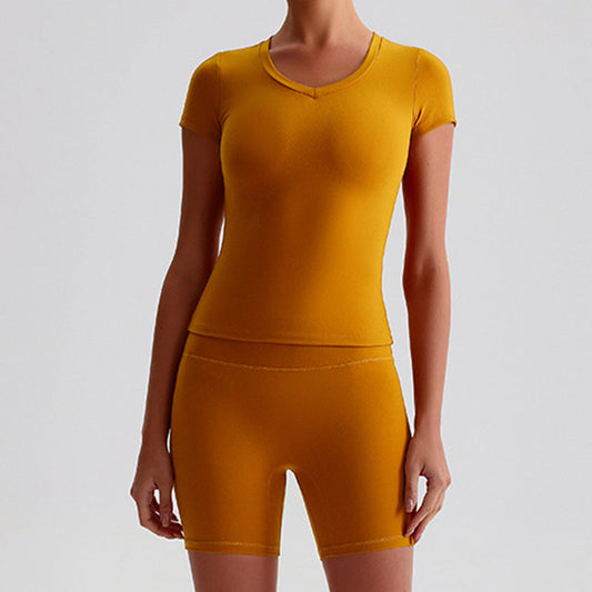 Short sleeve sports top + High-waist shorts 2-piece set