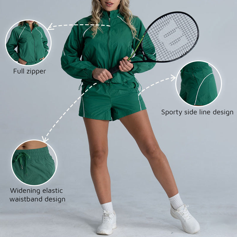Contrasted color Full zipper jacket + shorts 2-Piece Set