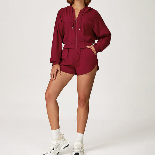 LOOSE HOODED AND FULL ZIPPER SWEATSHIRT + DRAWSTRING SHORTS 2 PIECES SET