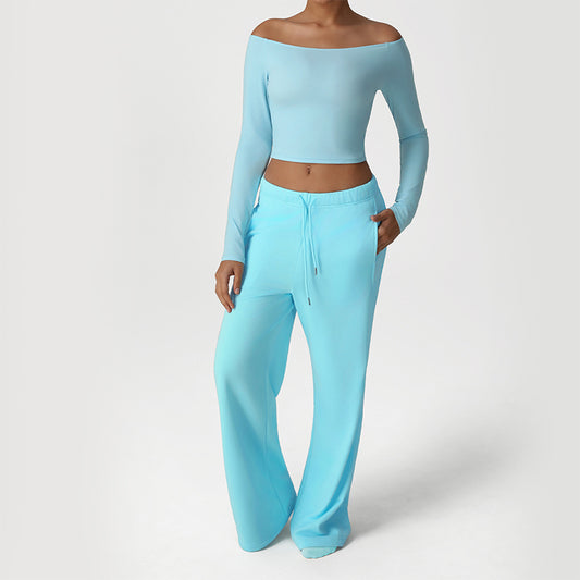 Off-Shoulder Long Sleeve + Loose Sports Pants 2-Piece Set