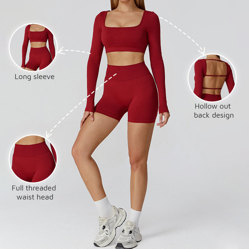 Seamless long sleeve Sports top + High-waisted shorts 2-Piece Set