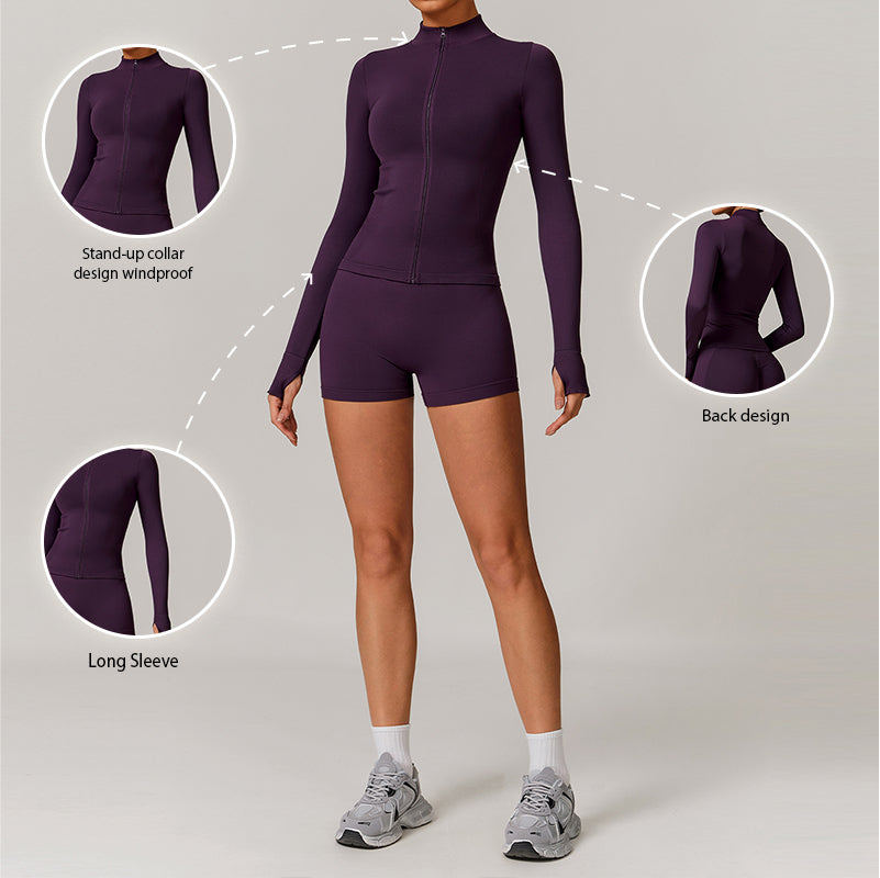 Seamless Full Zipper Fitness jackets + high waist shorts 2-piece set