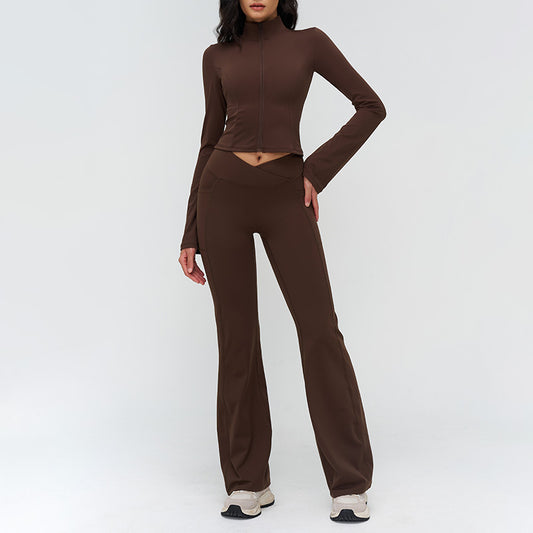 Stand-up collar yoga jacket + nude high-waisted flared pants 2-piece set