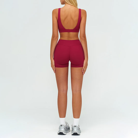 Square neckline backless sports bra + athletic slimming shorts 2-piece set