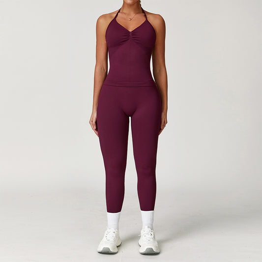 Tiga de tanques de gimnasio Halter sin costuras + leggings set de 2 piezas