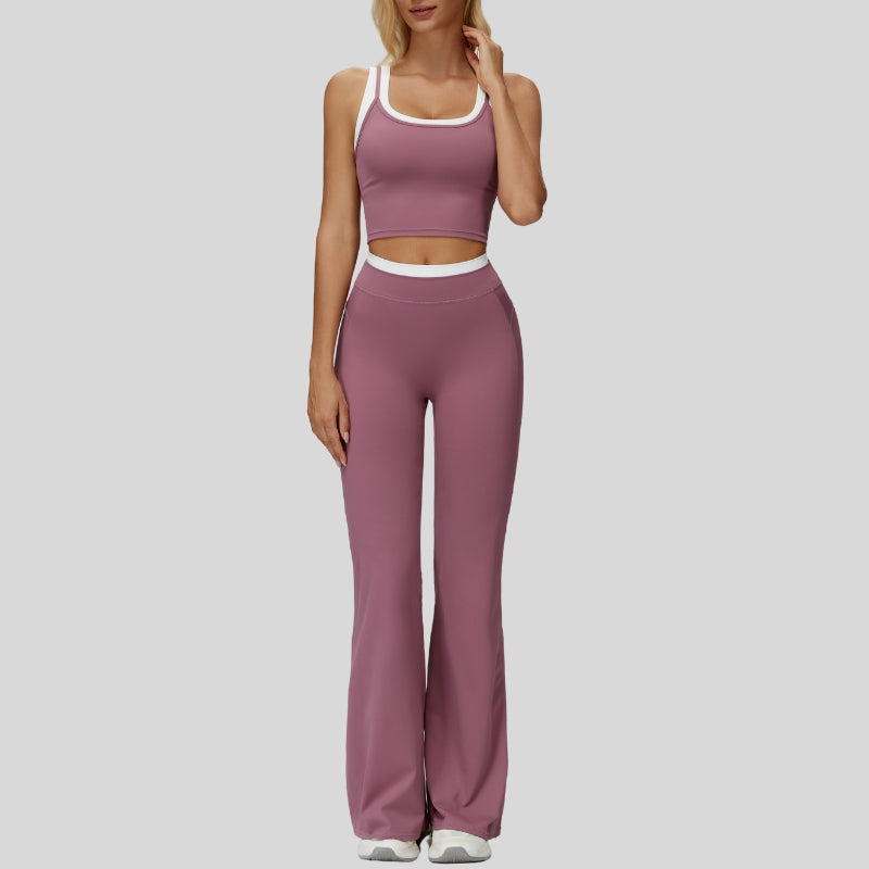 Two-piece contrasting sports tank top+port slightly flared pants 2-piece set