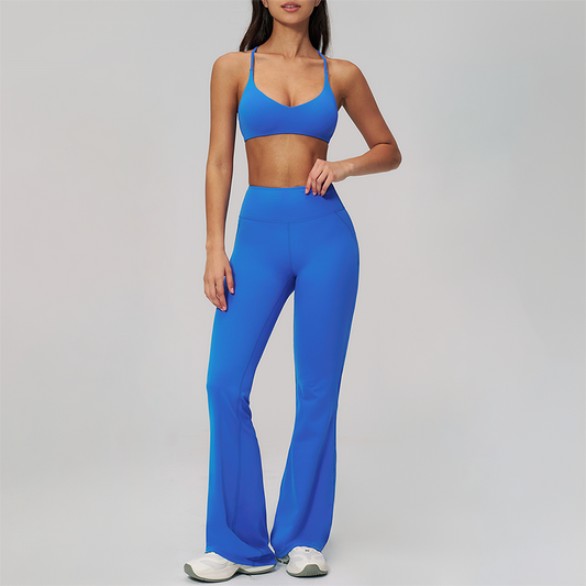 cross back Sports Bra + High-waisted Flared Leg pants 2-Piece Set