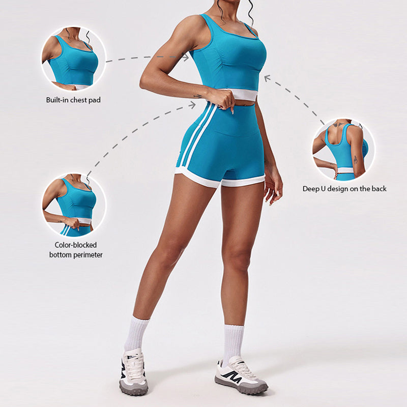 Square Neck Crop Top + Naked-feel Color-blocked Shorts 2-Piece Set