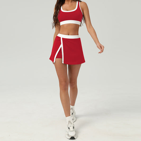 Splicing Color Sports Bra + A-Line Tennis Skirt Set a 2 pezzi