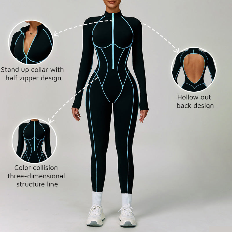 Color blocked long sleeve and half zipper jumpsuits