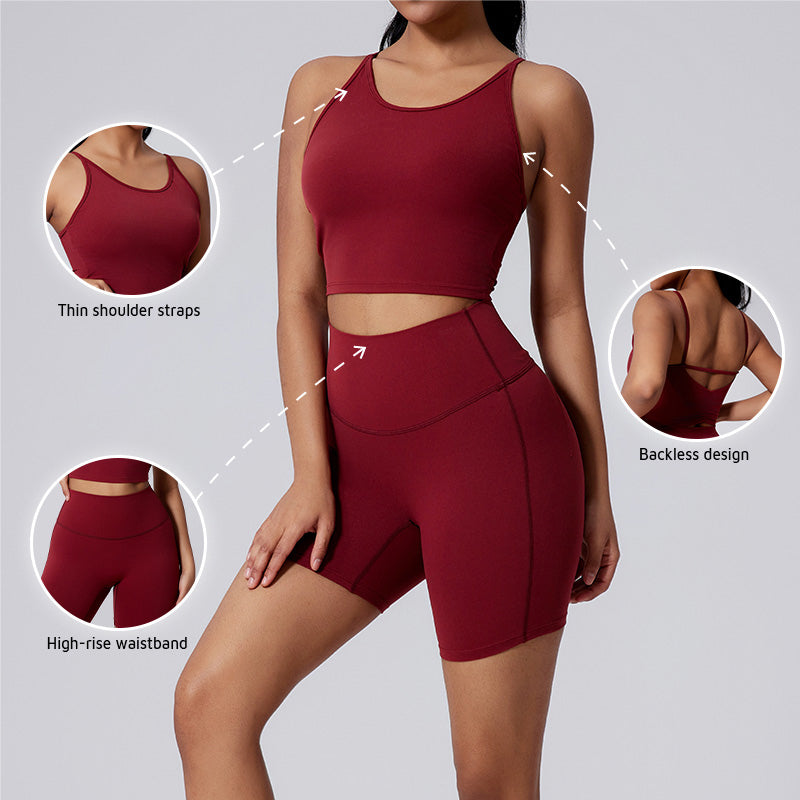 Thin straps yoga tank top + High-waisted shorts 2-piece set