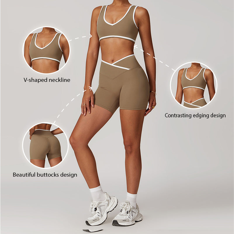 Contrasting Color Sports Bra + High Waist Shorts 2-piece Set