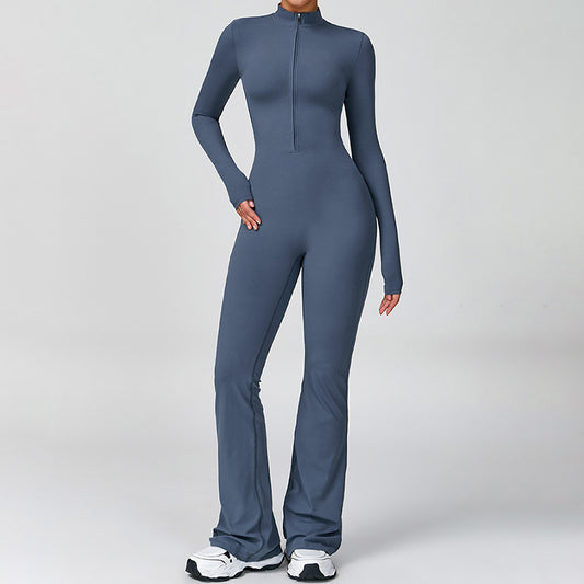 Long sleeve and half zipper flared leg pants yoga jumpsuits
