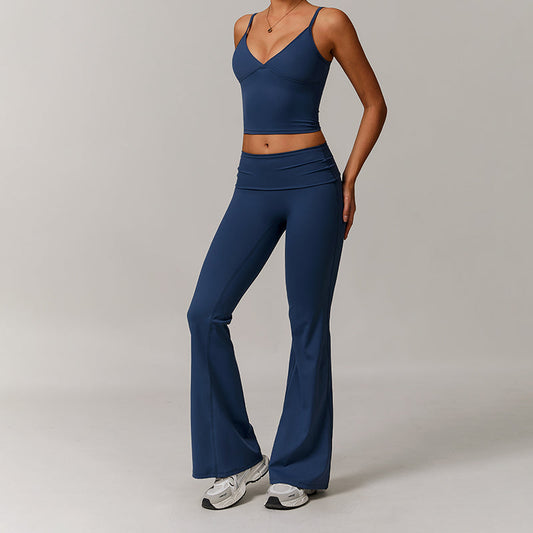 V-shape neck and thin straps tank top + Flared Leg pants 2-piece set