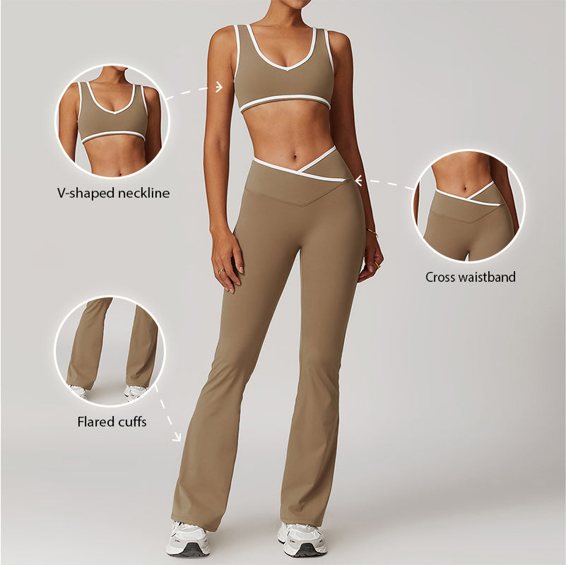Contrasting Color Sports Bra + Cross High Waist Pants 2-piece set