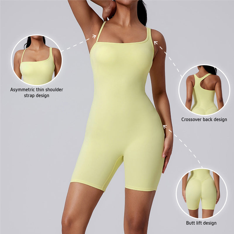 Asymmetric straps hollow back shorts sports jumpsuit