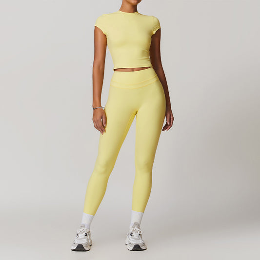 Fitness gebürstet Kurzarm Yoga Top & hoch taillierte Leggings Set