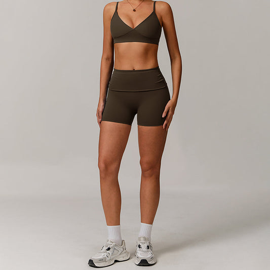V-shape neck and thin straps sports bras + High-waisted shorts 2-piece set