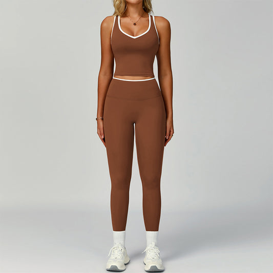 Camina de tanque de color contrastante + Leggings de cintura alta de 2 piezas